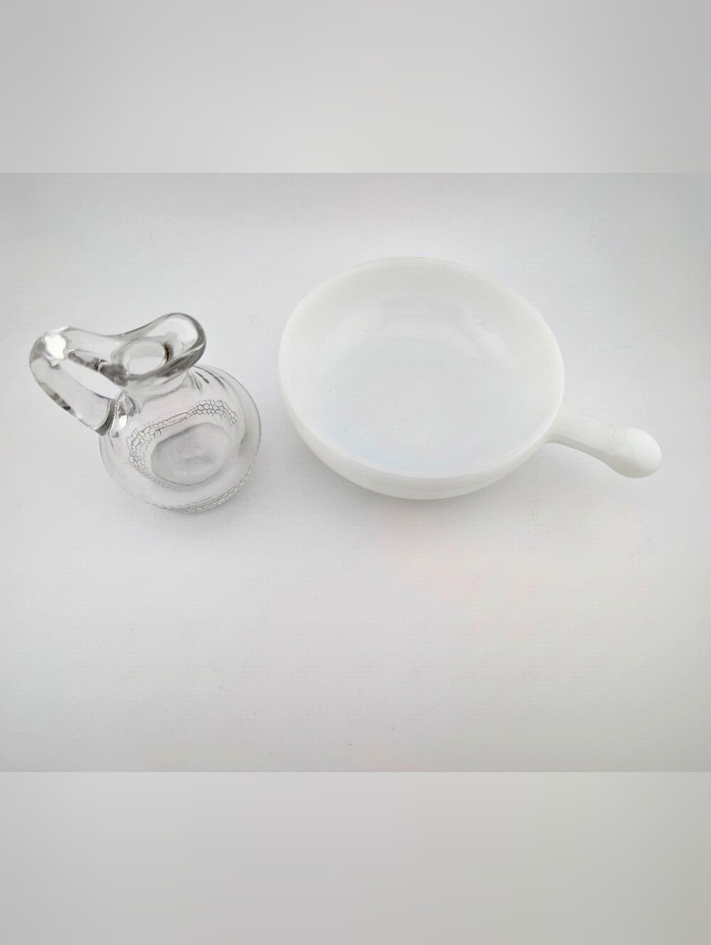 Vintage Milk Glass Soup Bowl With Handle & Tiny Pitcher